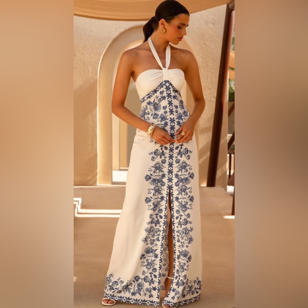 White & Blue Print Halter-Neck Maxi Dress